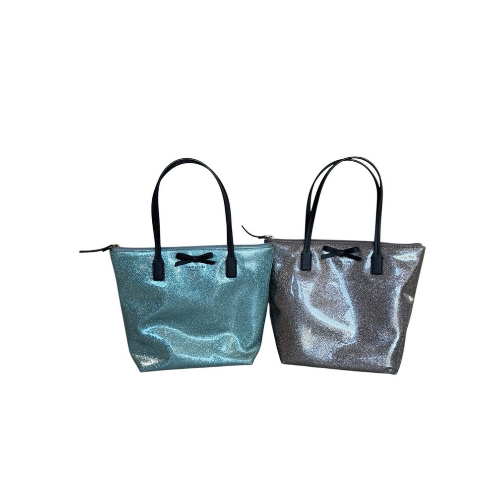 Lot Of 2 Kate Spade New York Mavis Street Light Blue & Gray Glitter Tote Bag - Picture 2 of 10